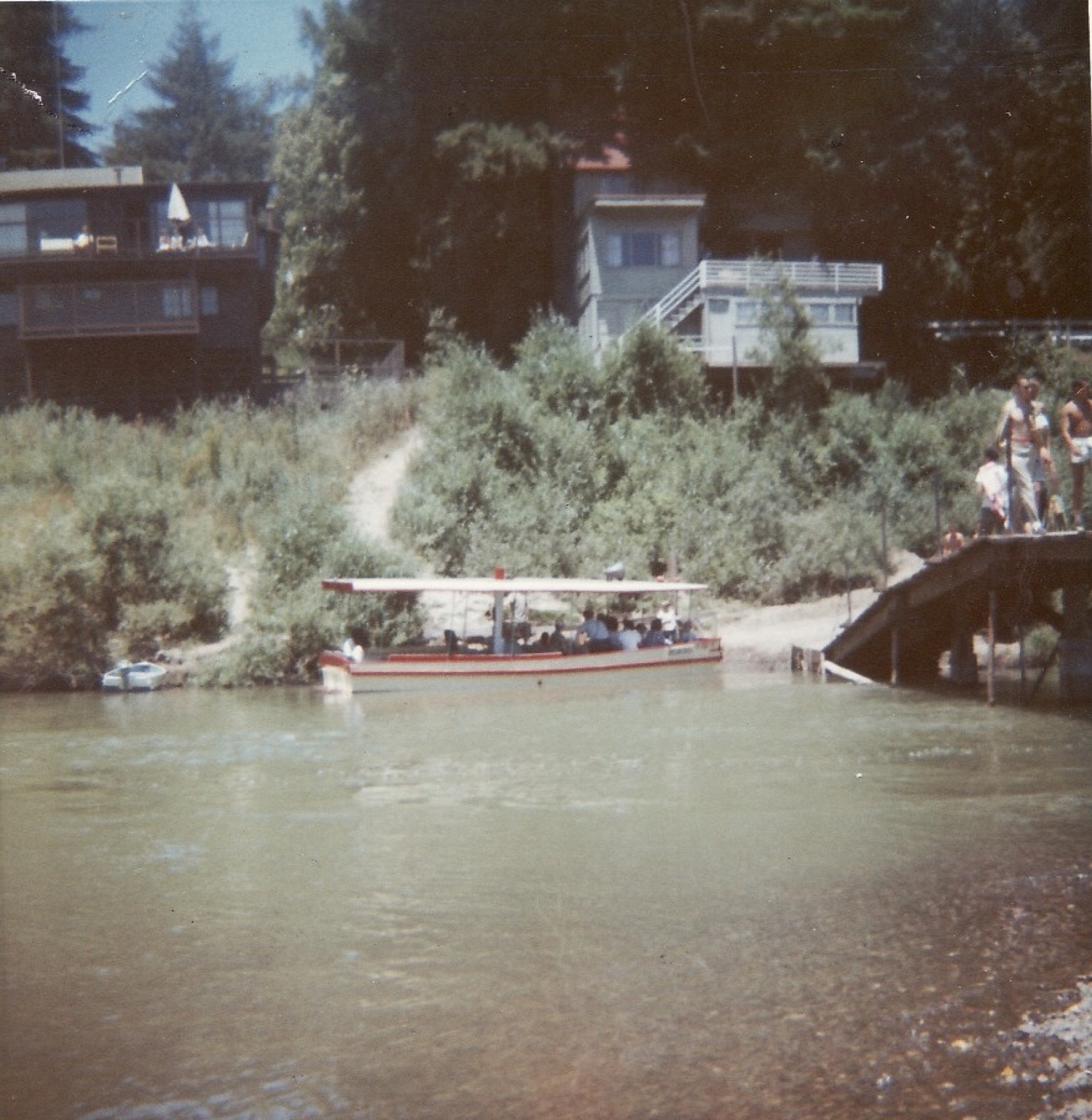 The Rio Nido footbridge and an excursion boat on the Russian River, photographed in 1963