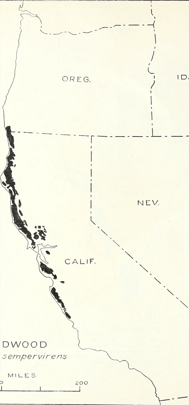 1938 USDA survey map showing the natural range of coast redwood — a narrow band hugging the California and southern Oregon coastline