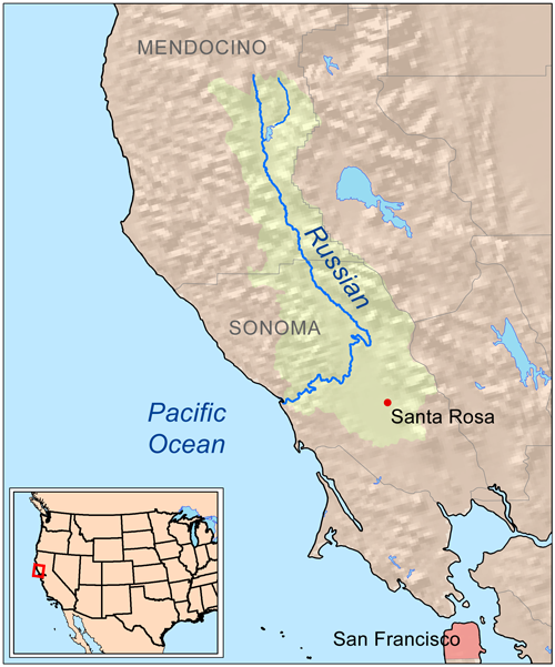 Map of the Russian River's course and watershed, from Mendocino County south through Sonoma County to the Pacific at Jenner